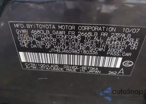 2008 Lexus Es 350 from USA, damaged, VIN JTHBJ46G982180336